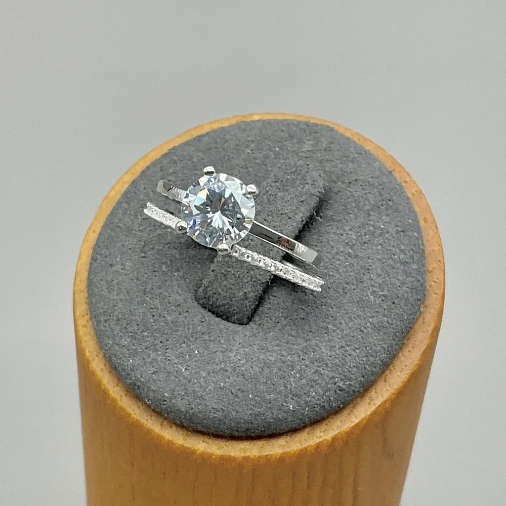 Ring Size 6.25 Silver Tone Clear Round Solitaire 2 Band Bridal Cocktail Womens